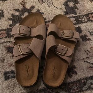 Universal Thread Double Buckle Suede Slide Sandals in Taupe